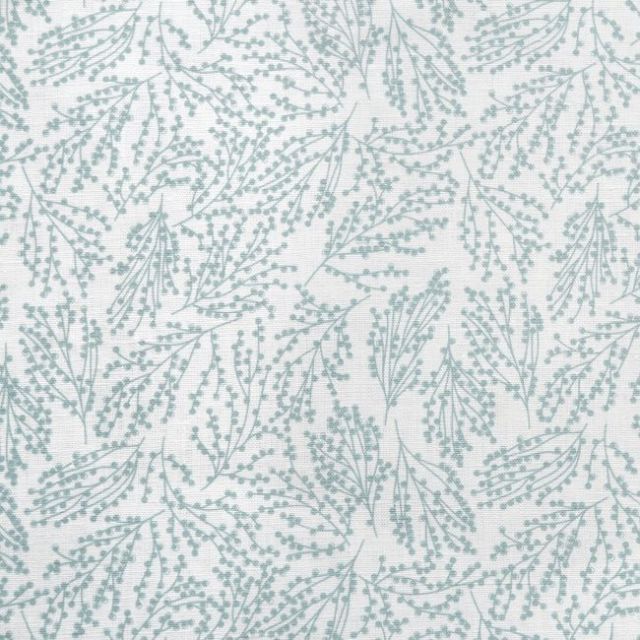 Lisbell Aqua-WHT - White linen fabric with Light blue botanical print