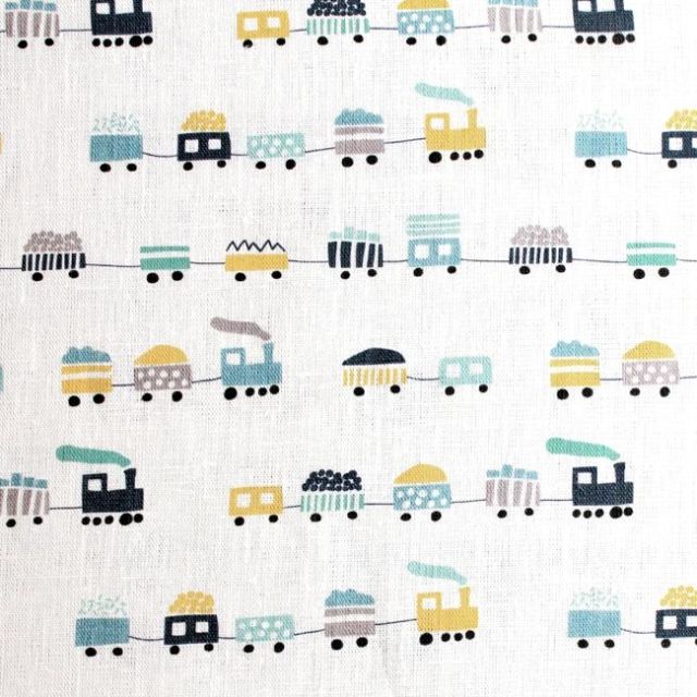 Bruno Yellow-WHT - Linen fabric, Yellow and Blue train pattern - Kids print!