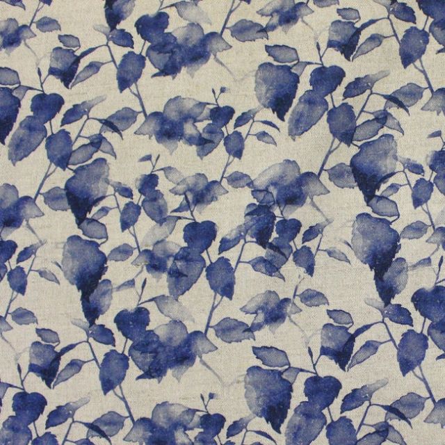 Camila Night Blue - Natural Linen Fabric with Blue botanical print