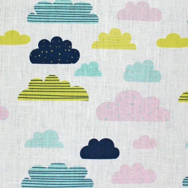 Cloud Dreams Circus - White Linen fabric, colourful cloud pattern - Kids print!