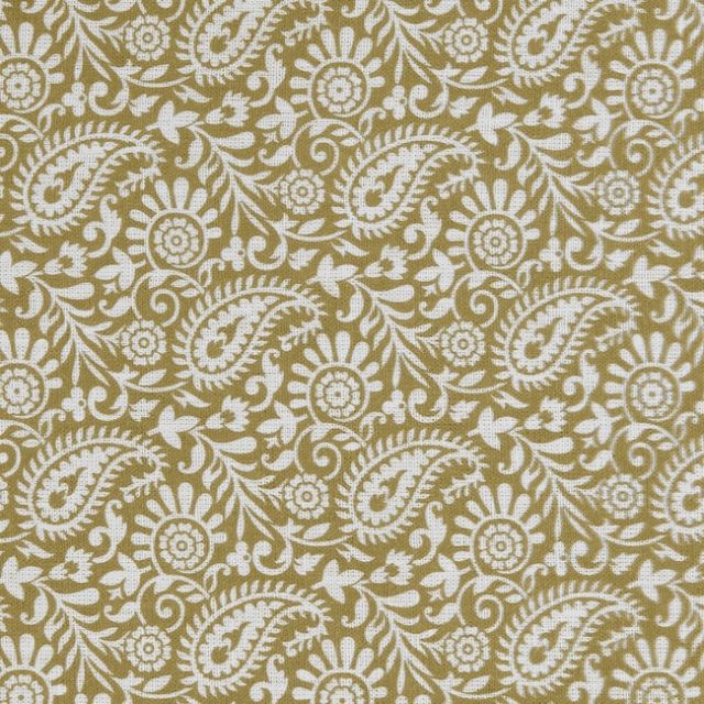 Nora Dijon-WHT - White fabric for curtains with yellow paisley print, 100% linen