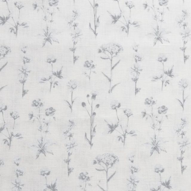 Madelin Greige-WHT - White linen fabric with Grey botanical print