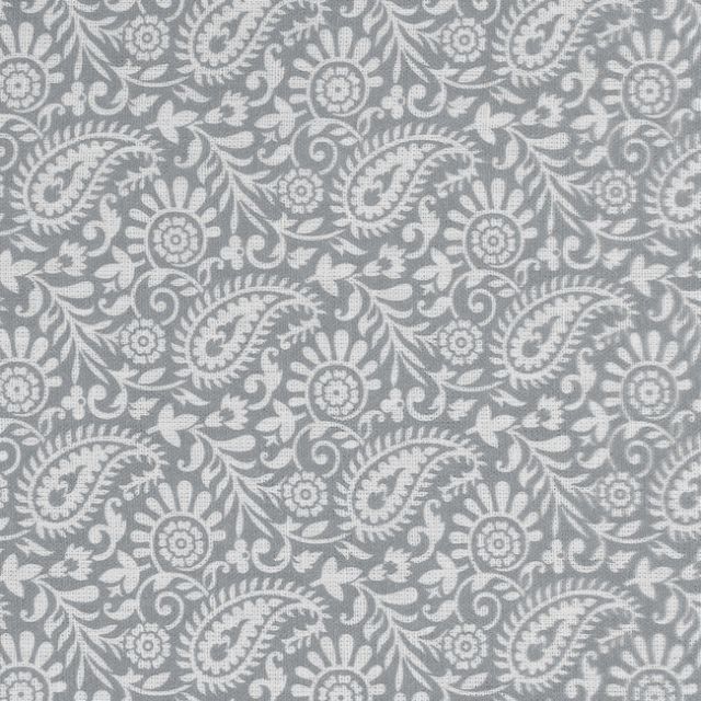 Nora Greige-WHT - White fabric for curtains with grey paisley print, 100% linen