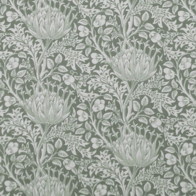 Katarina Meadow - White linen fabric with Green floral print