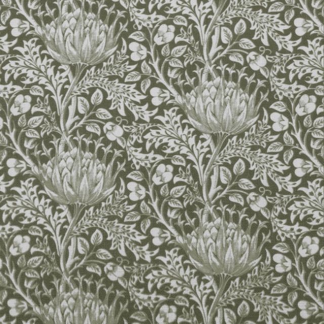 Katarina Moss - White linen fabric with Green floral print