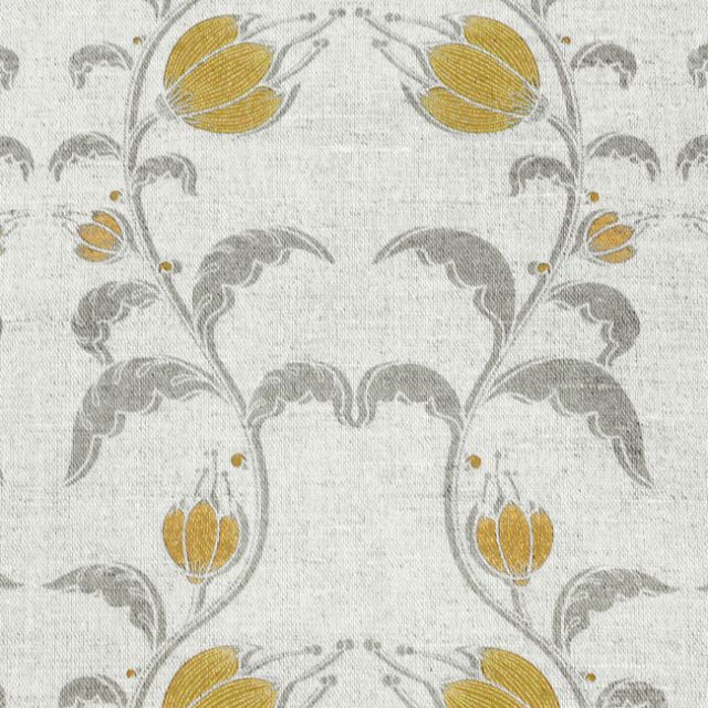 Dana Mustard - Natural fabric with mustard yellow and grey floral pattern