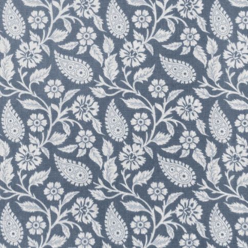 Sonja Agate Blue - White Linen fabric, Blue paisley print