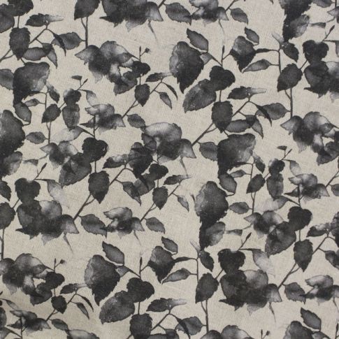 Camila Black - Natural Linen Fabric with Black botanical print