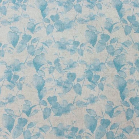 Camila Duck Egg - Natural Linen Fabric with Blue botanical print