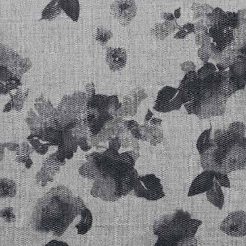 Rose Charcoal - Natural curtain fabric, Dark Grey floral pattern