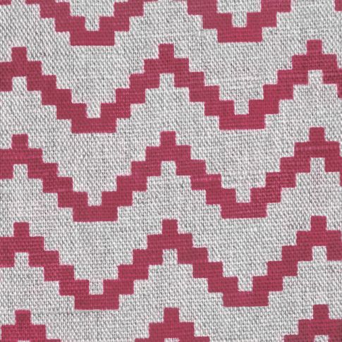 Azig Cherry - Natural linen fabric, zig-zag pattern in red print