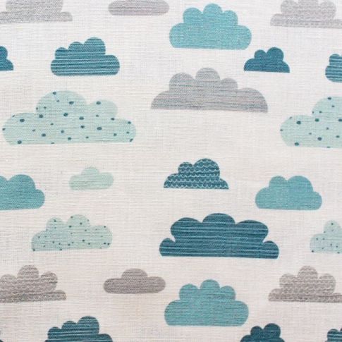 Cloud Dreams Blue - White Linen fabric, Blue cloud pattern - Kids print!
