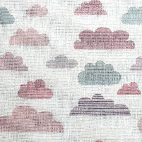 Cloud Dreams Pink - White Linen fabric, Pink cloud pattern - Kids print!