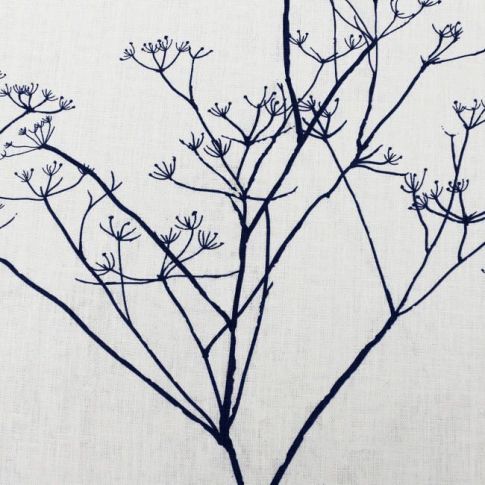 Cicely Deep Blue - White curtain fabric, Dark Blue botanical print