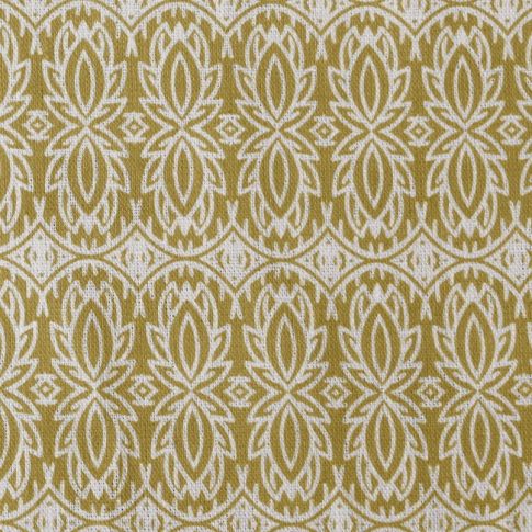 Kjersti Dijon - White linen fabric, Yellow abstract print