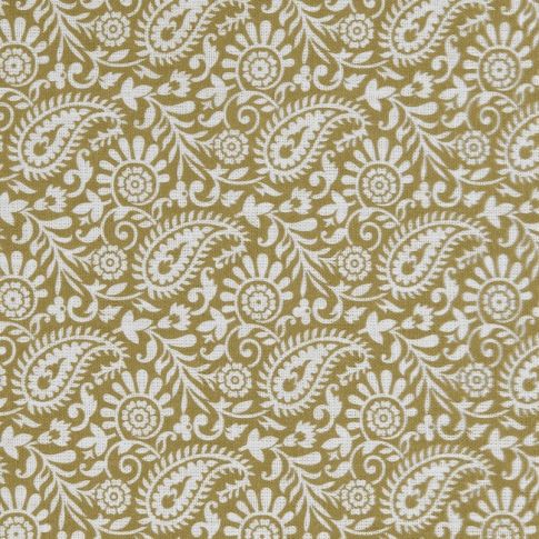 Nora Dijon-WHT - White fabric for curtains with yellow paisley print, 100% linen