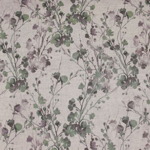 FlowerBliss Olive - Natural Linen Fabric with green and grey floral print