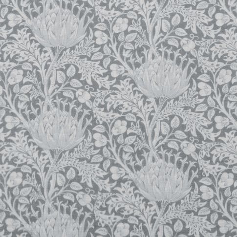 Katarina Greige - White linen fabric with Grey floral print