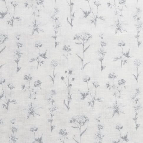 Madelin Greige-WHT - White linen fabric with Grey botanical print