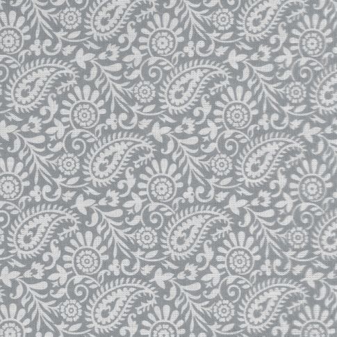 Nora Greige-WHT - White fabric for curtains with grey paisley print, 100% linen