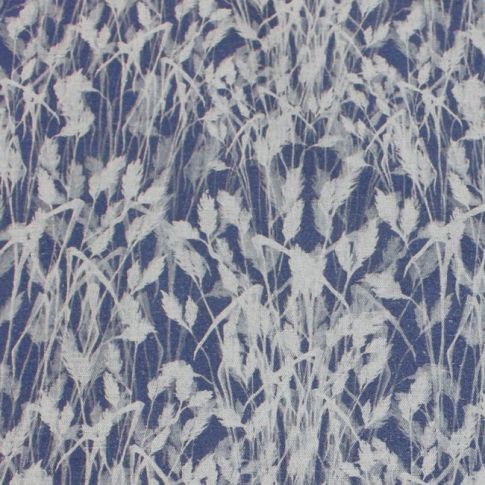 Hay Denim - Natural Linen Fabric with Blue botanical print