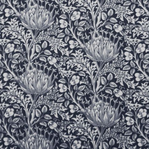 Katarina Ink - White linen fabric with Dark Blue floral print