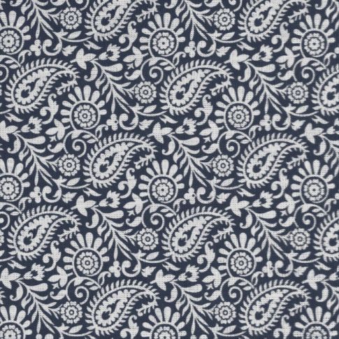 Nora Ink-WHT - White fabric for curtains with dark blue paisley print, 100% linen
