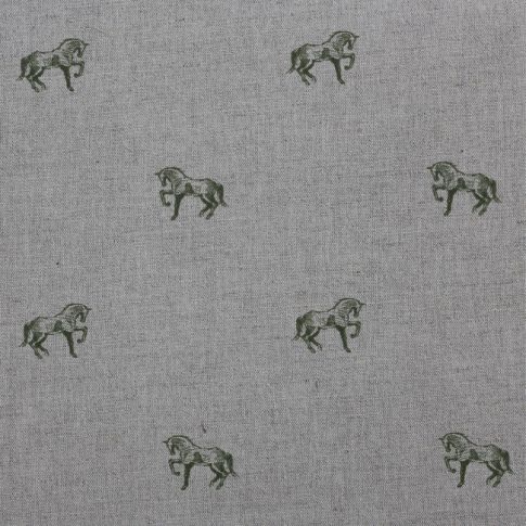 Horse Khaki - Curtain fabric with green pattern of horses