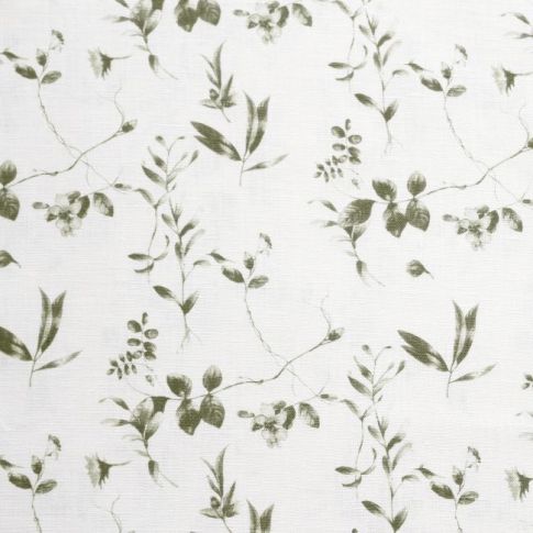 Flora Moss-WHT - White linen fabric with Green botanical print