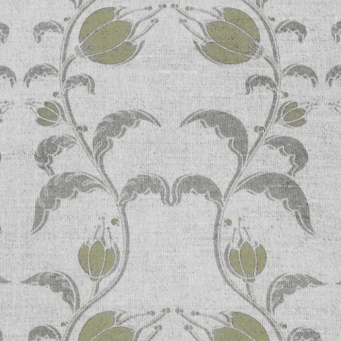 Dana Olive - Curtain fabric with olive green / grey flower print