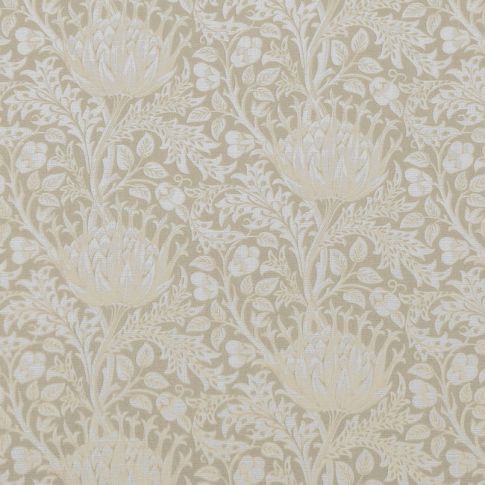 Katarina Powder Sand - White linen fabric with Light Brown floral print