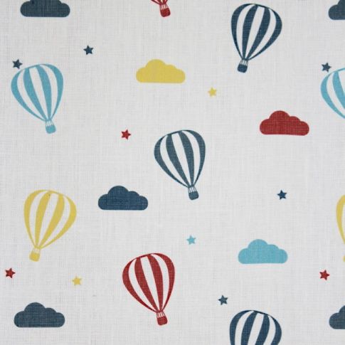 Sky Ride Marine - Linen fabric, Blue, Red and Yellow pattern with hot air balloons - Kids print!