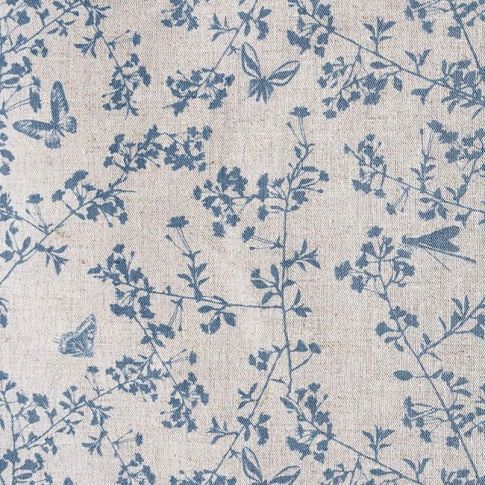 Kamille True Blue - Curtain fabric, Blue pattern with butterflies