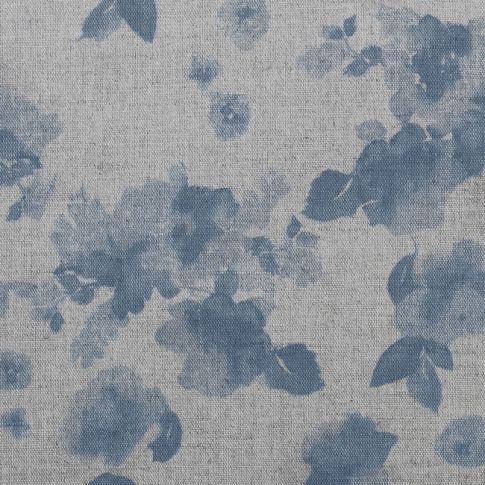 Rose True Blue - Natural curtain fabric, Blue floral pattern